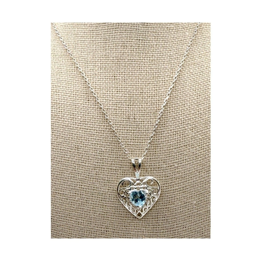 Italy 925 Sterling Silver Blue Topaz Heart Filigree Necklace December birthstone